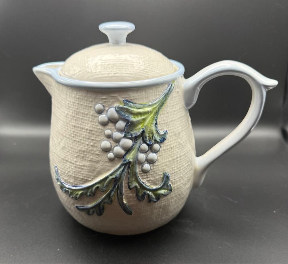 Fitz and Floyd Paloma Teapot Rustic Botanical Ceramic Tea Pot Blue Green Relief